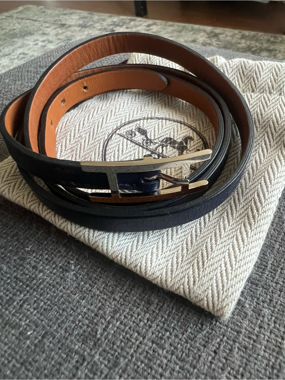 Hermès Triple Behapi Women’s Navy Leather Belt with Silver Buckle